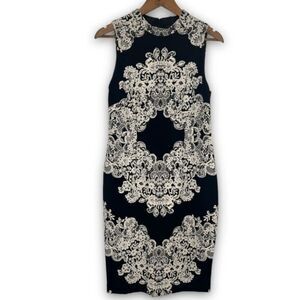 Adrianna Papell Women's Black Ivory Lace Print Mock Neck Sheath Dress‎ Size 8